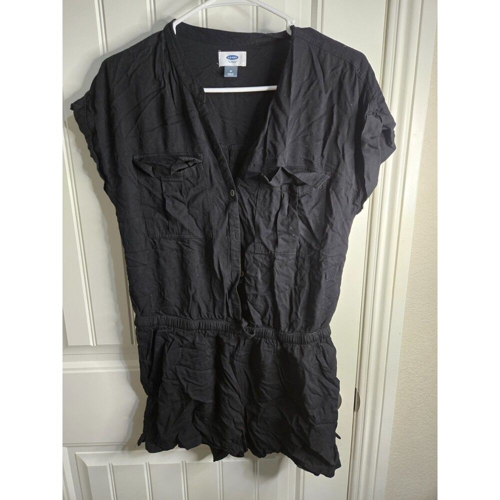 Old Navy Women’s Medium Black Utility Romper Button Front Short Sleeve Rayon